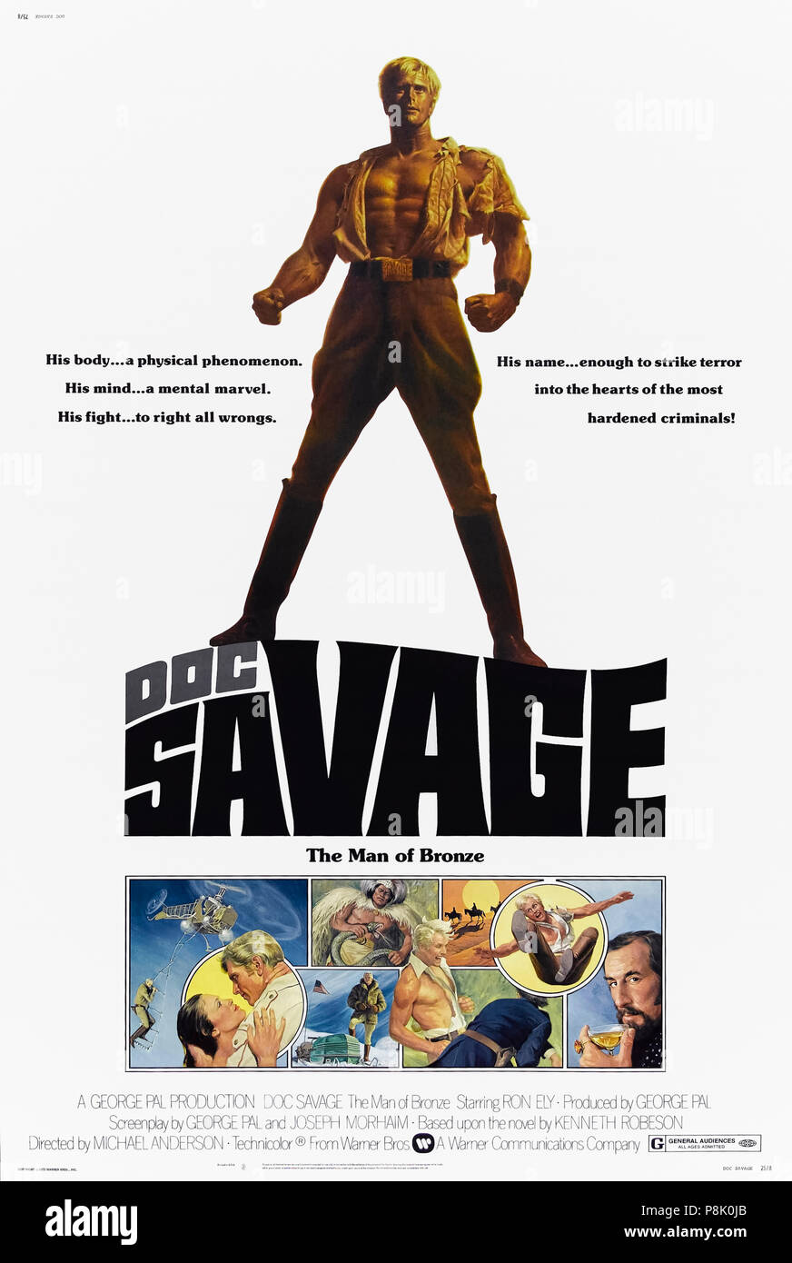 Doc Savage: The Man of Bronze (1975) directed by Michael Anderson and starring Ron Ely, Paul Gleason, William Lucking and Paul Wexler. A curiously camp and humorous big screen outing for the ‘World's First Superhero’ as he takes on Captain Seas and the mysterious green death. Photograph of fully restored and linen backed 1975 US one sheet poster. ***EDITORIAL USE ONLY*** Credit: BFA / Warner Bros Stock Photo