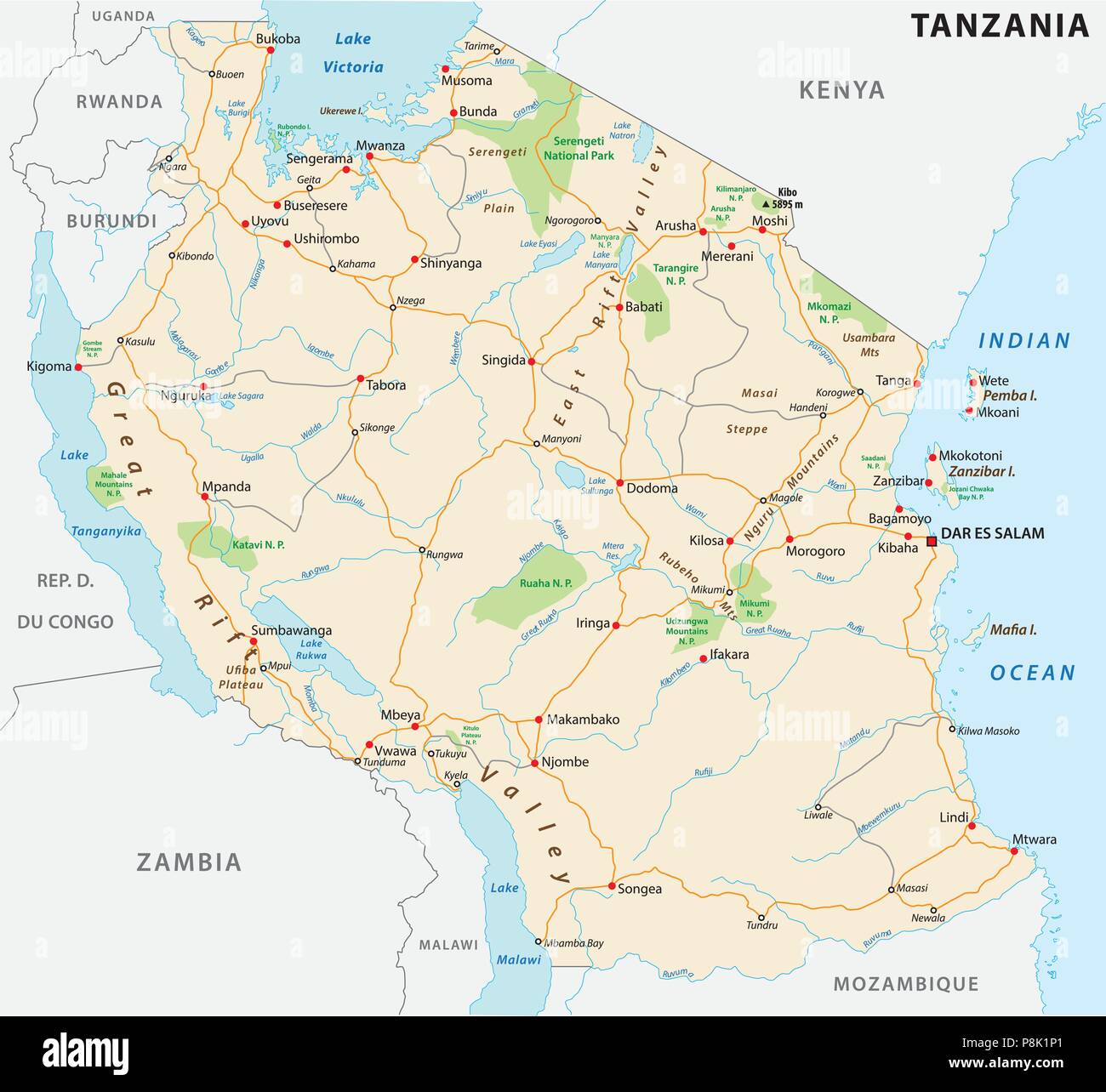 United Republic of Tanzania road vector map Stock Vector