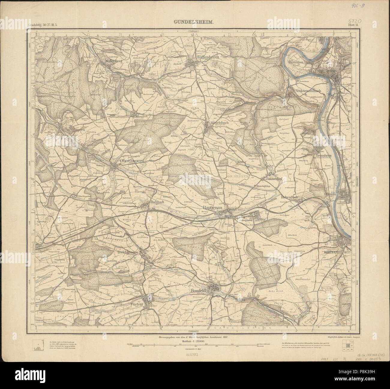 .   559 Topographische Karte 1 25000 Blatt 14 (6720) Gundelsheim 1902 Stock Photo