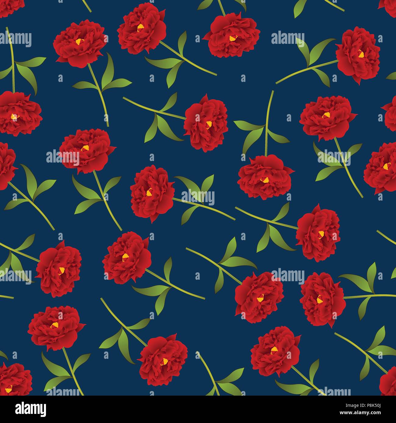 Red Peony Seamless on Indigo Blue Background. Vector Illustration. Stock Vector
