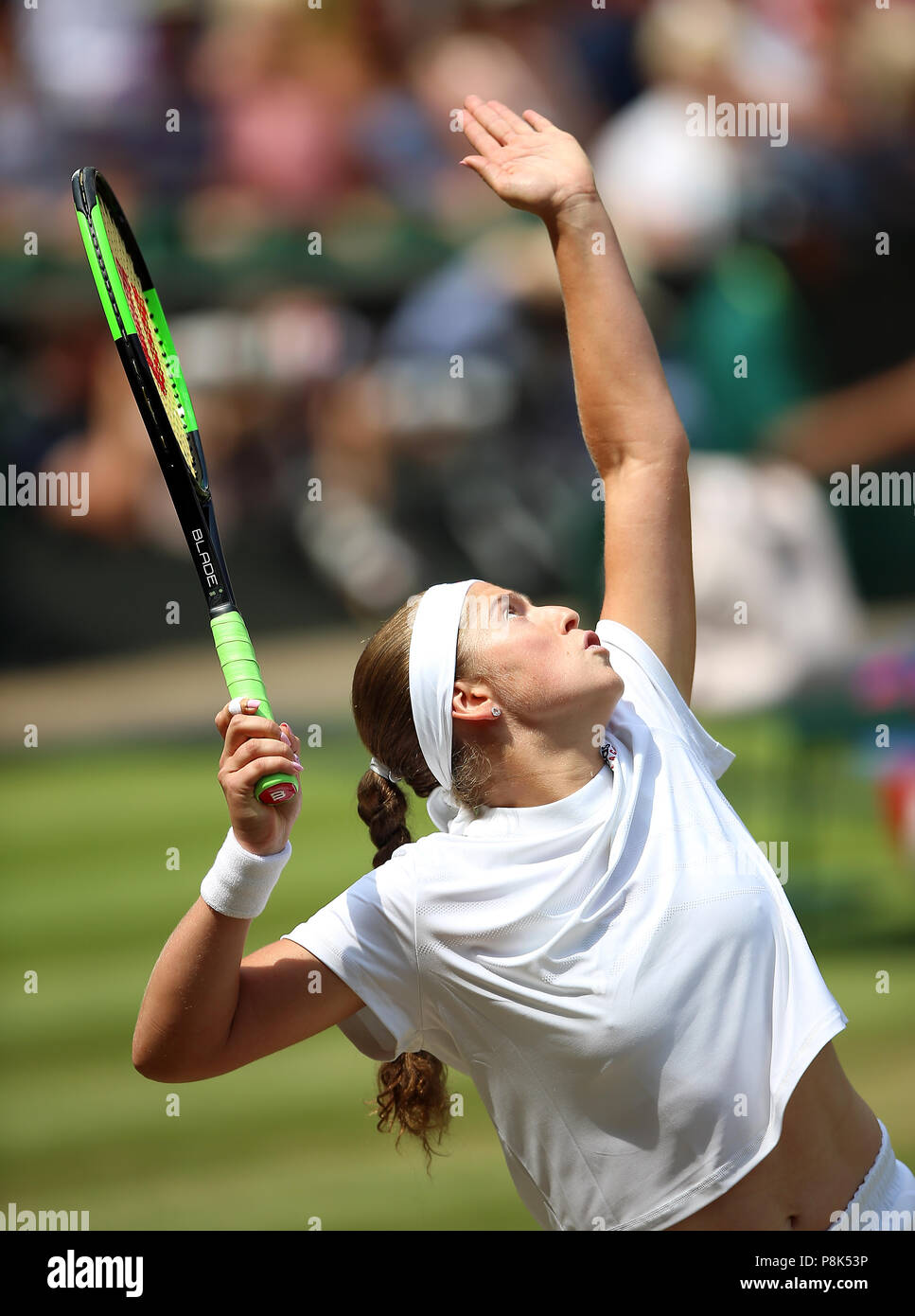Jelena Ostapenko Serves On Day Ten Of The Wimbledon Championships At The All England Lawn Tennis