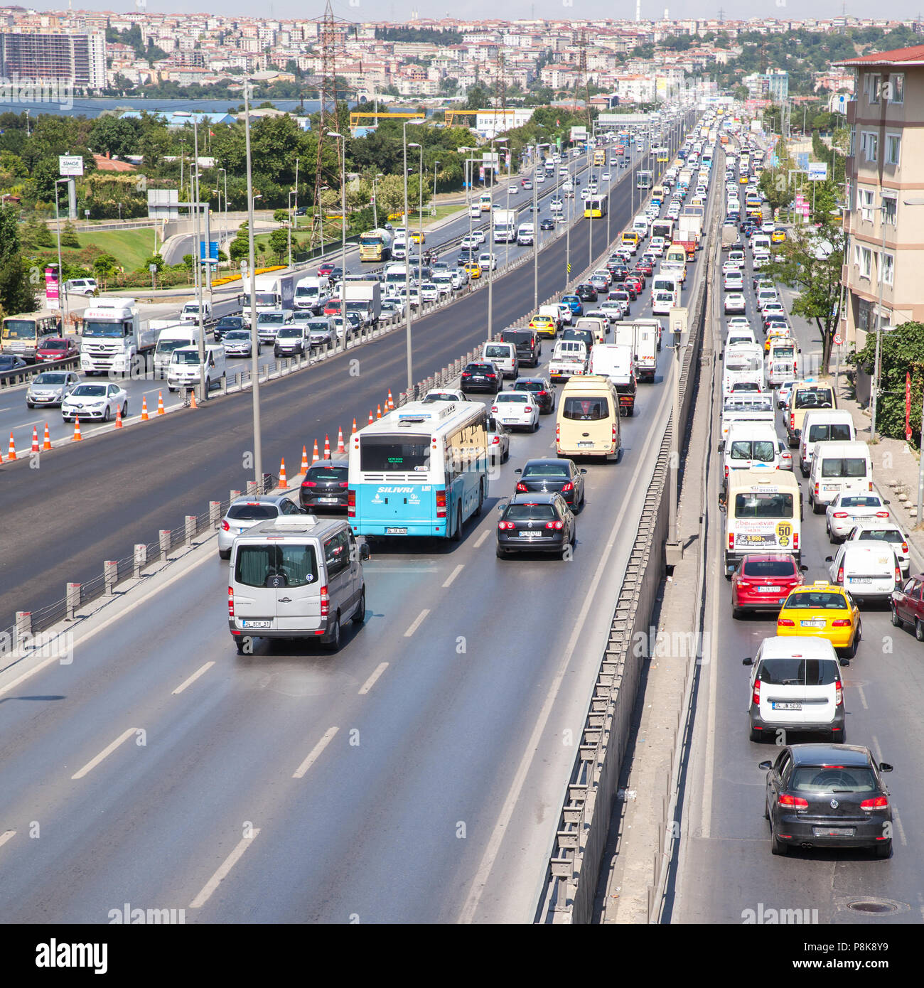 Istanbul, Turkey - June 27, 2016: Traffic jam at E5 highway, Avcilar district of Istanbul Stock Photo