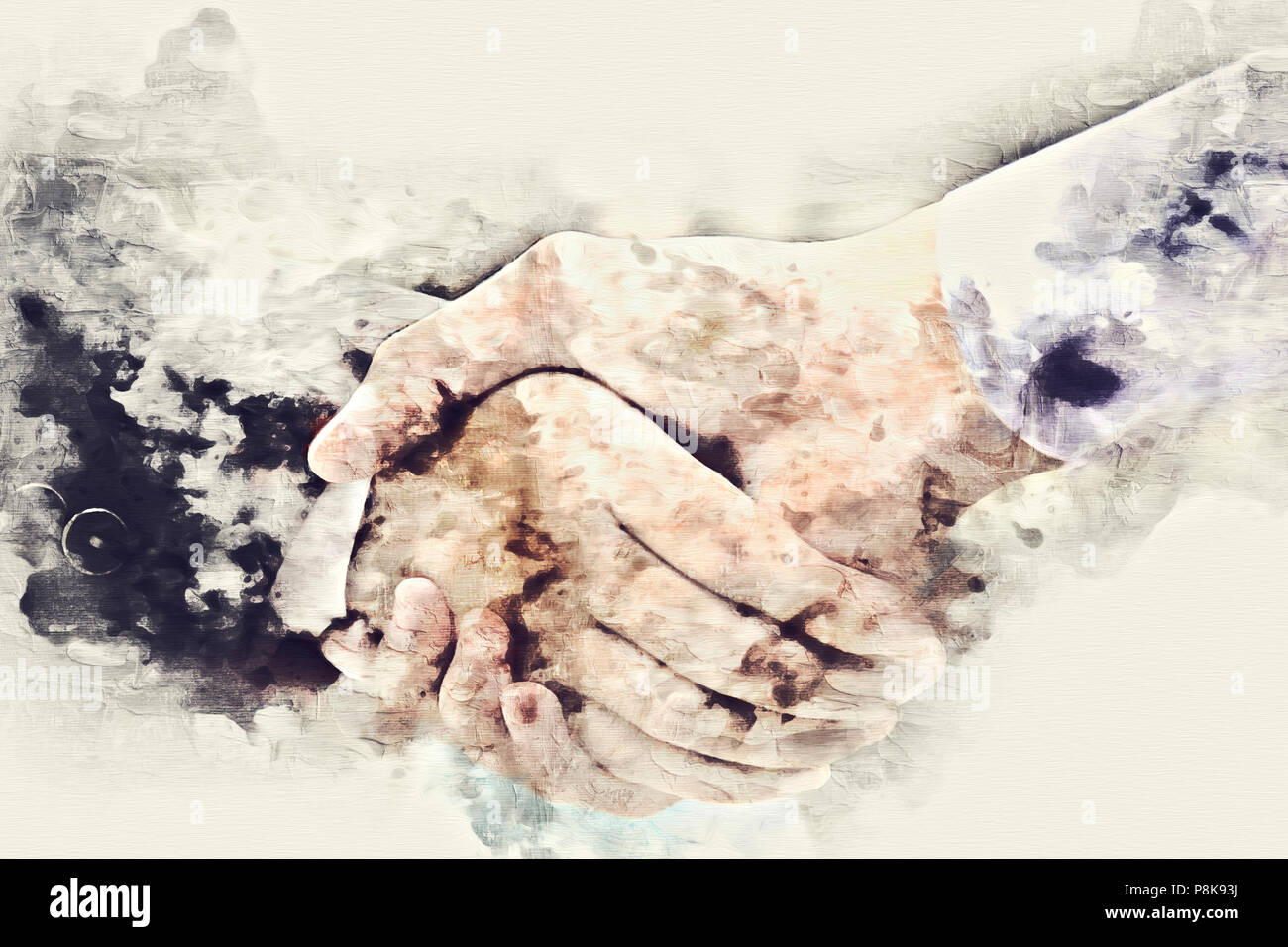 Abstract Colorful Handshake Close Up On Watercolor Illustration 