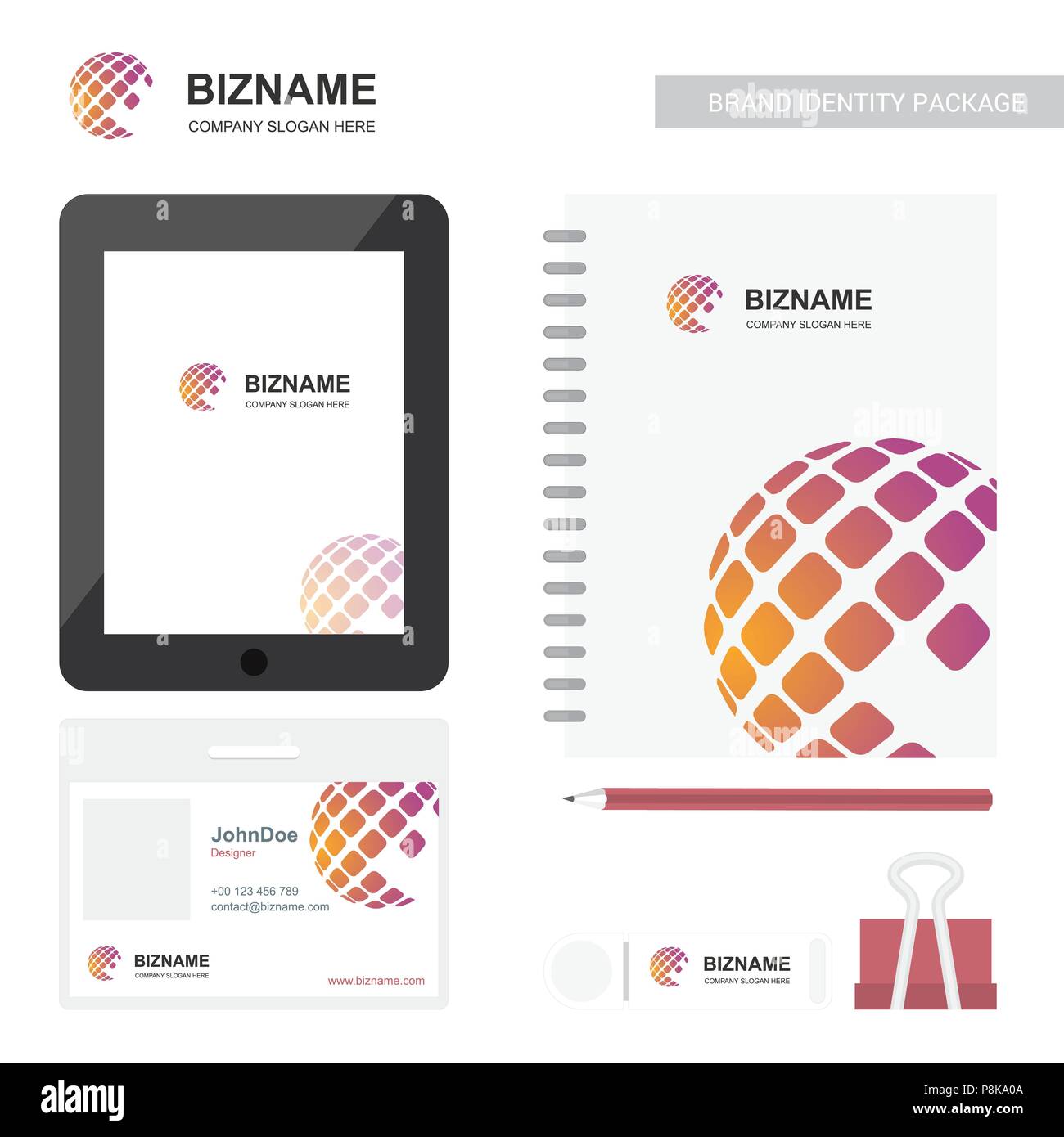 Company stationary items with world map logo and also with app design