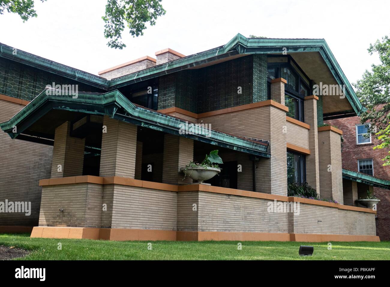 This fine example of Frank Lloyd Wright prairie style architecture was commissioned by the wealthy widow, Susan Lawrence Dana in 1902 and is a major t Stock Photo