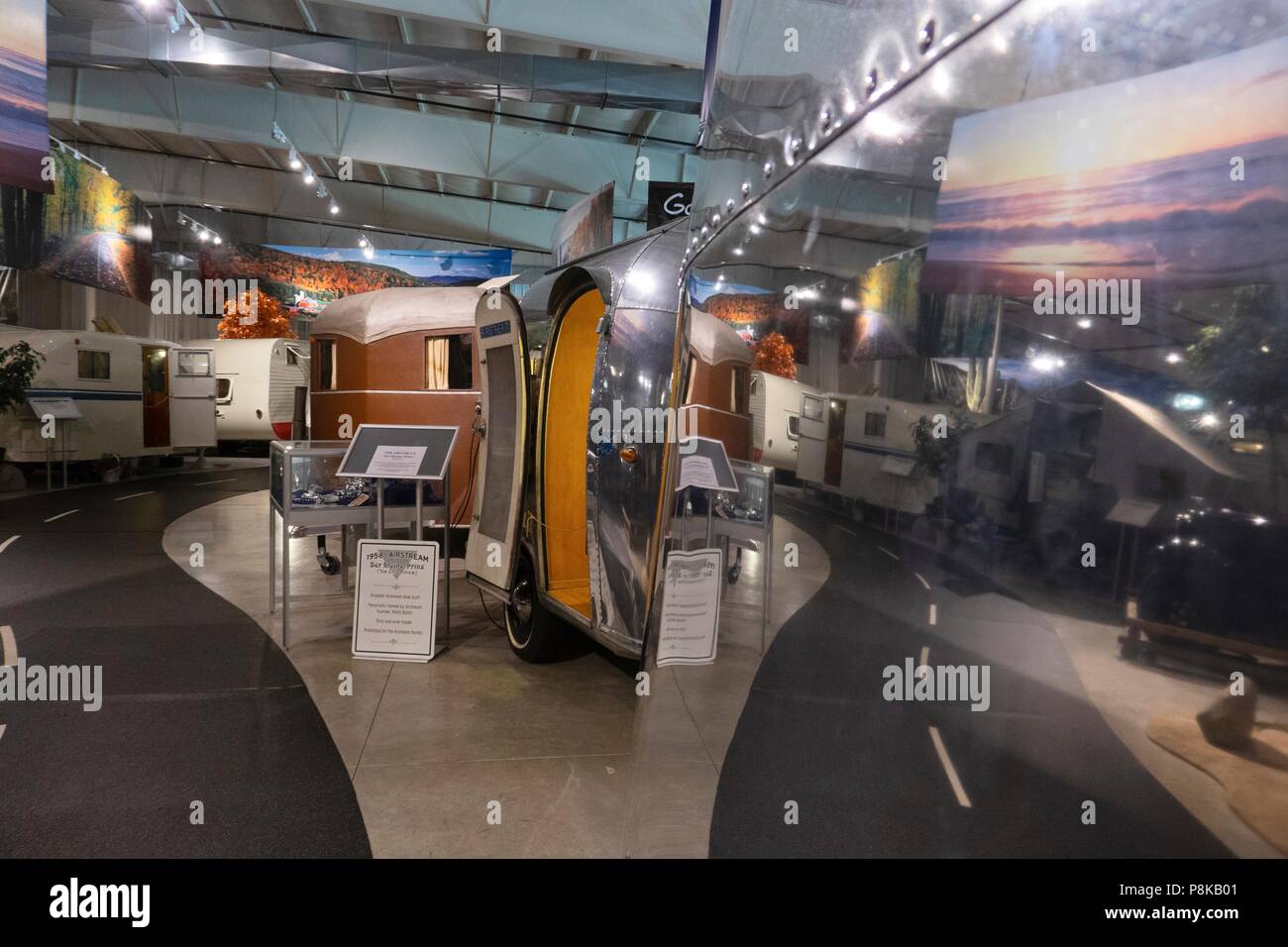 Interior display of retro and antique recreational vehicles at the national RV museum in Elkhart Indiana Stock Photo