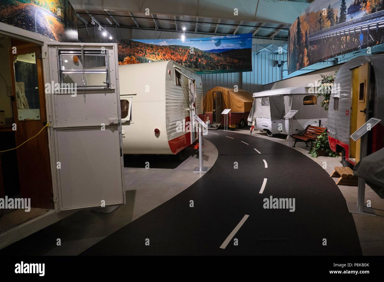 Interior display of retro and antique recreational vehicles at the national RV museum in Elkhart Indiana Stock Photo