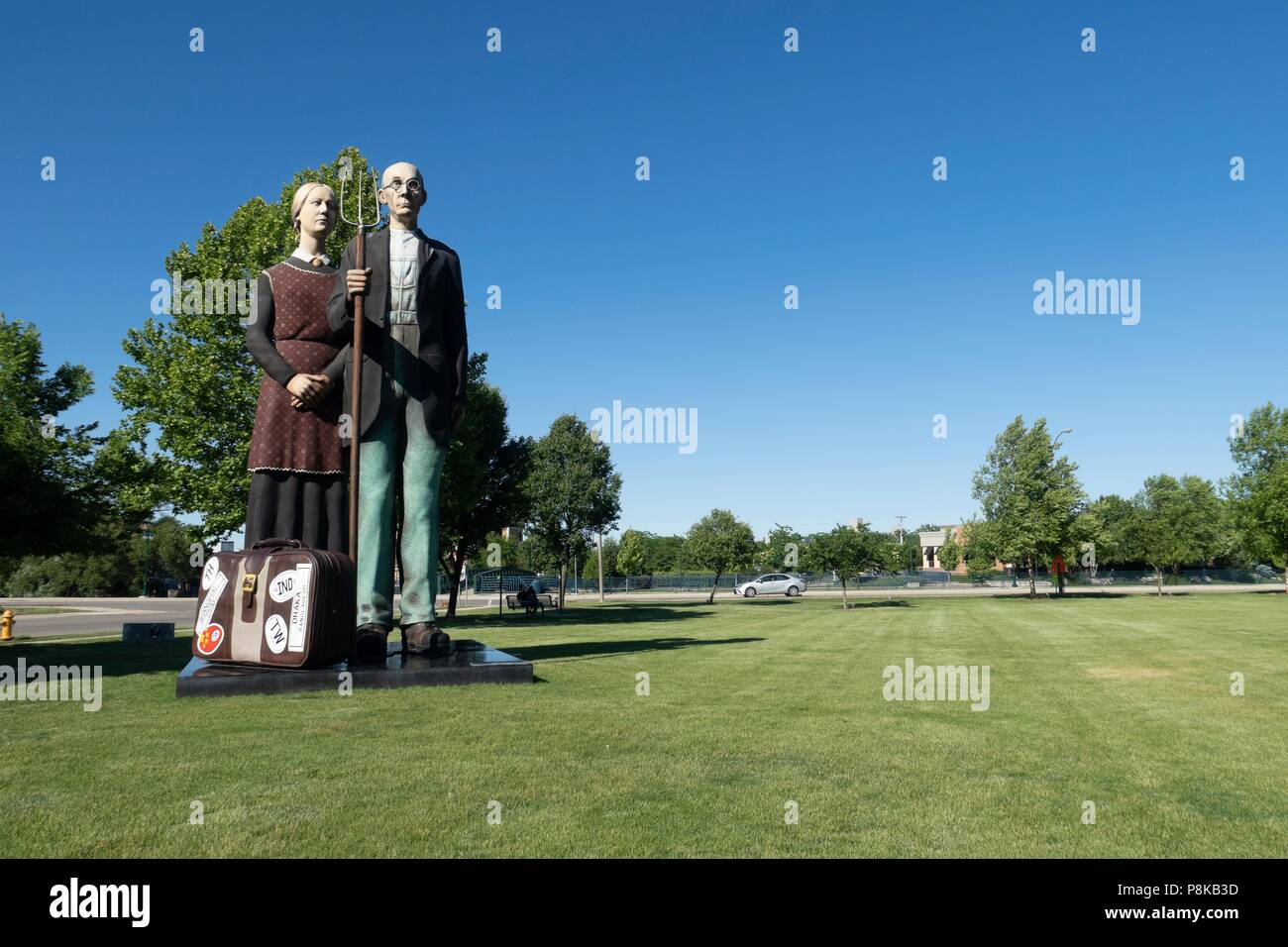 Seward Johnson's 25 foot statue 'God Bless America' in Elkhart Indiana's Central Park is a 3-dimensional re-creation of the iconic painting 'American  Stock Photo