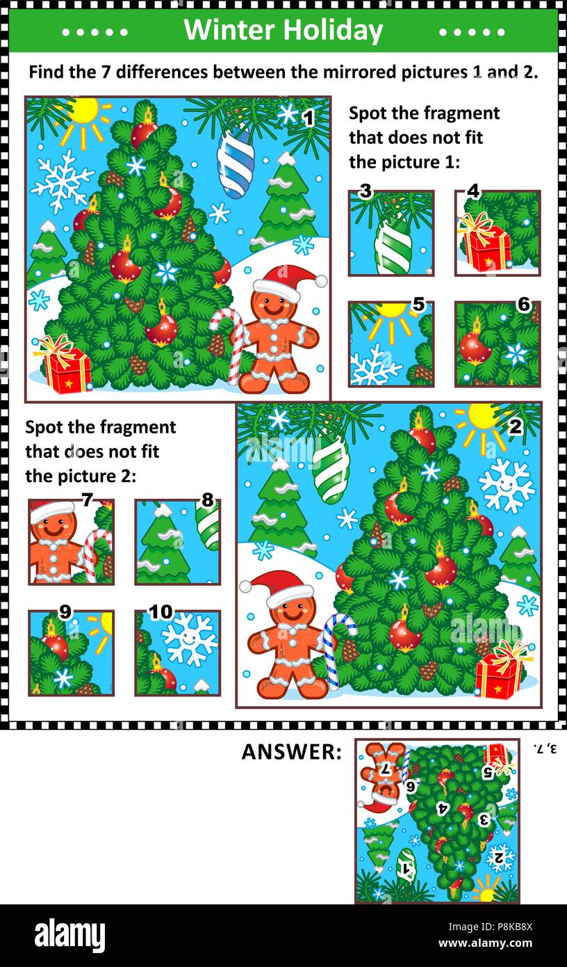 New Year or Christmas visual puzzles with christmas tree and ginger man. Find the differences between the mirrored pictures. Spot the wrong fragments. Stock Vector