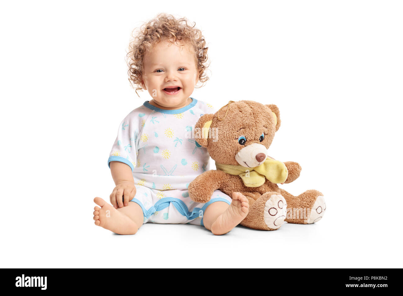Baby boy with a teddy bear isolated on white background Stock Photo - Alamy