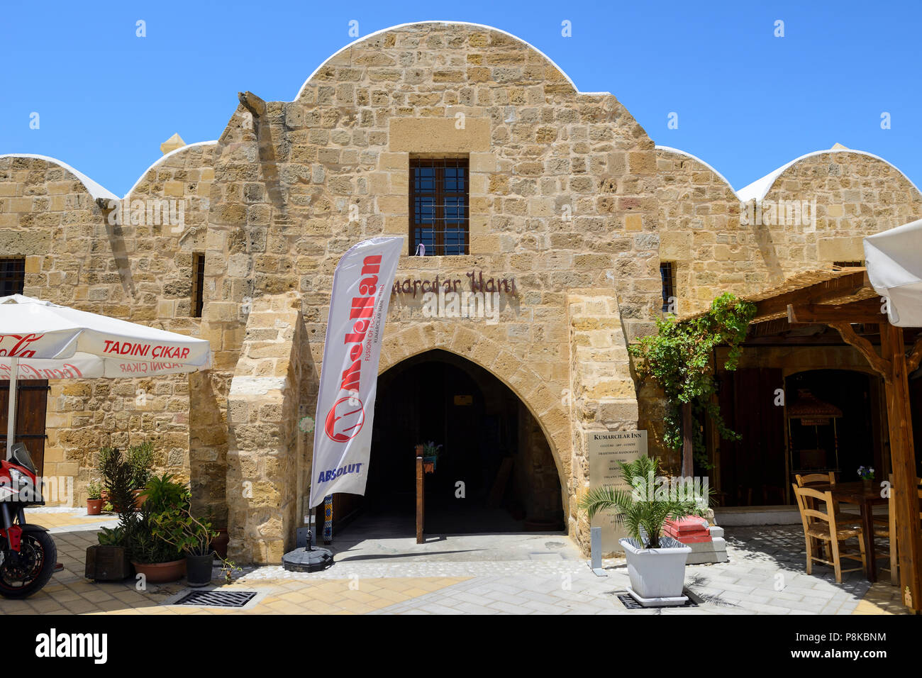 Recently restored Kumarcilar Han (Gambler's Inn), a former caravanserai, in North Nicosia (Lefkosa), Turkish Republic of Northern Cyprus Stock Photo