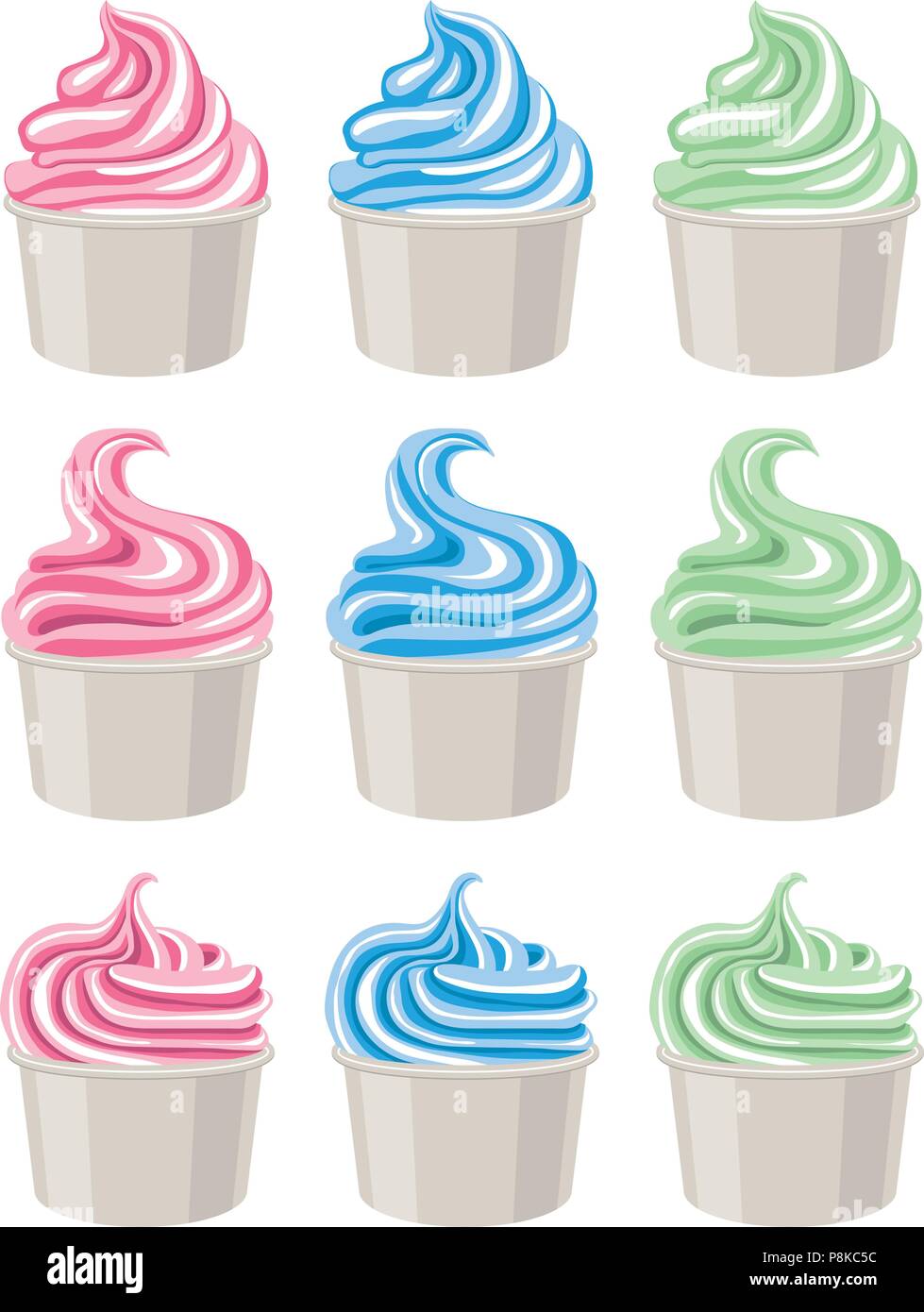 vector colorful icons of ice cream or yogurt in cups isolated on white background. whipped and frozen icecream or yogurts symbols Stock Vector