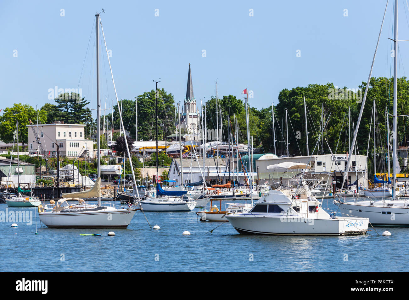 Sailboats and other pleasure craft moored in the East Basin of Mamaroneck Harbor in Harbor Island Park, Mamaroneck, New York. Stock Photo