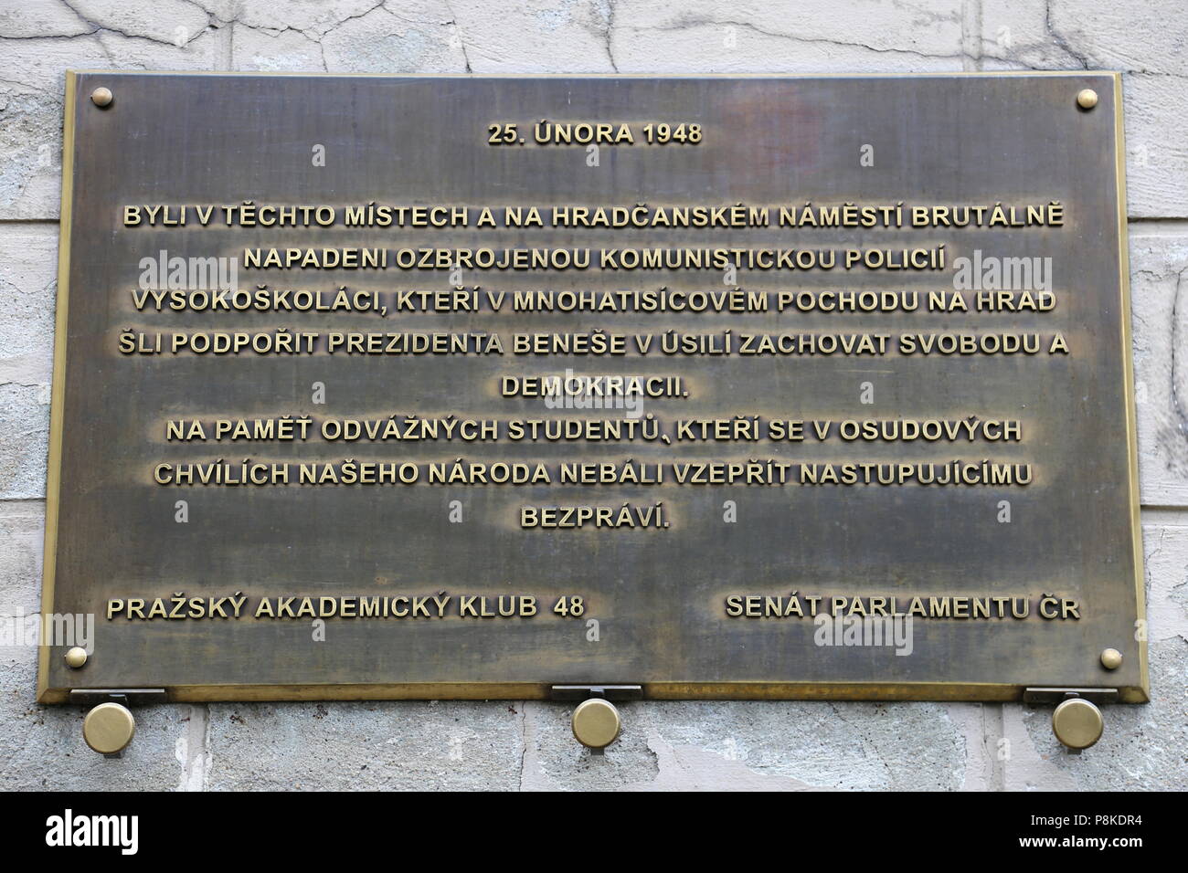 Plaque commemorating the 1948 student protests (see additional info). Nerudova, Malá Strana (Little Quarter), Prague, Czechia (Czech Republic), Europe Stock Photo