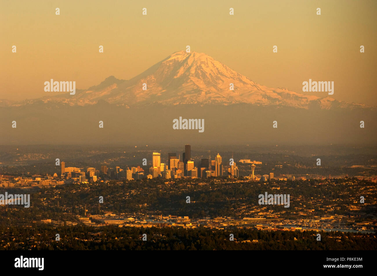 Seattle and Mount Rainier, Summer Sunset Aerial Stock Photo