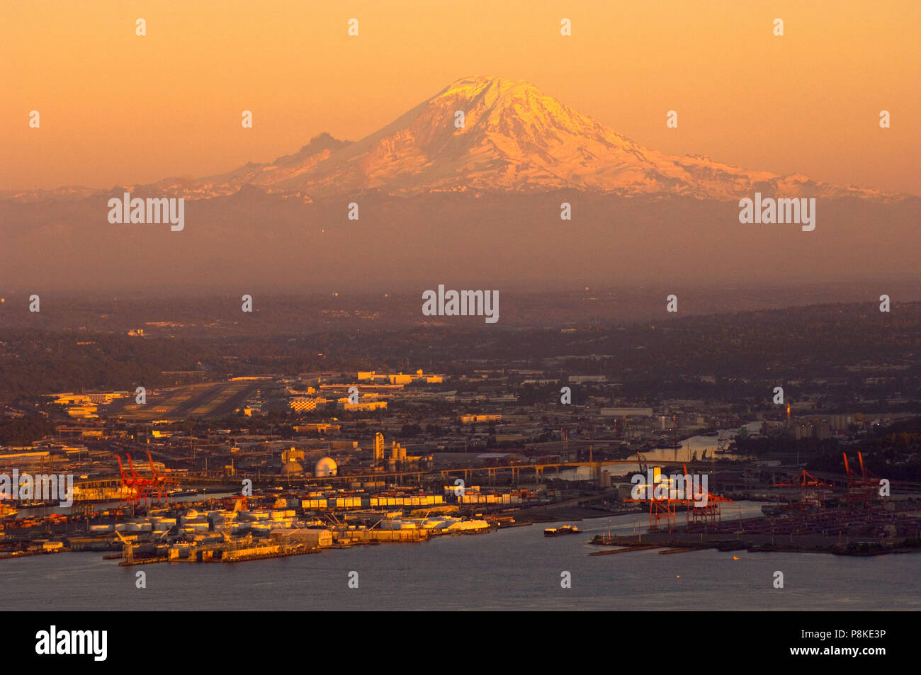 Seattle, Mount Rainier, Waterfront and Mount Rainier, aerial, Summer Sunset Stock Photo