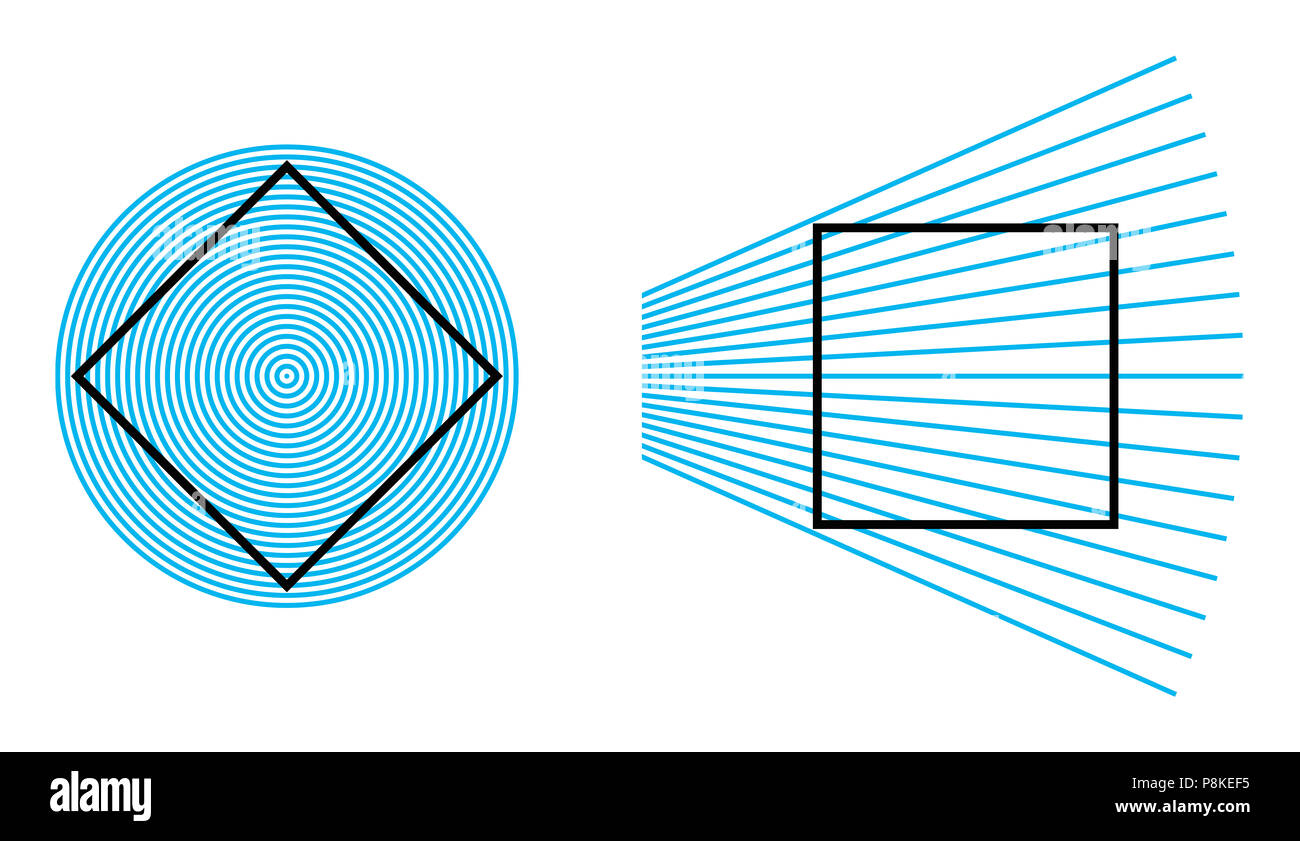 Ehrenstein optical illusion. The sides of a square placed inside a pattern of concentric circles take an apparent curved shape. Stock Photo