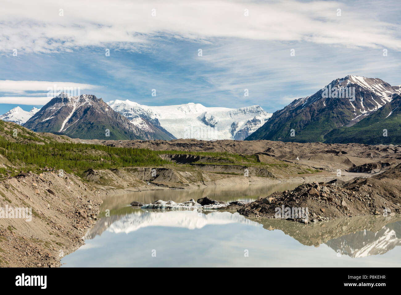 Melt water and ice at the terminus of the Kennicott and Root Glaciers near McCarthy in Wrangell-St. Elias National Park in Southcentral Alaska. Stock Photo