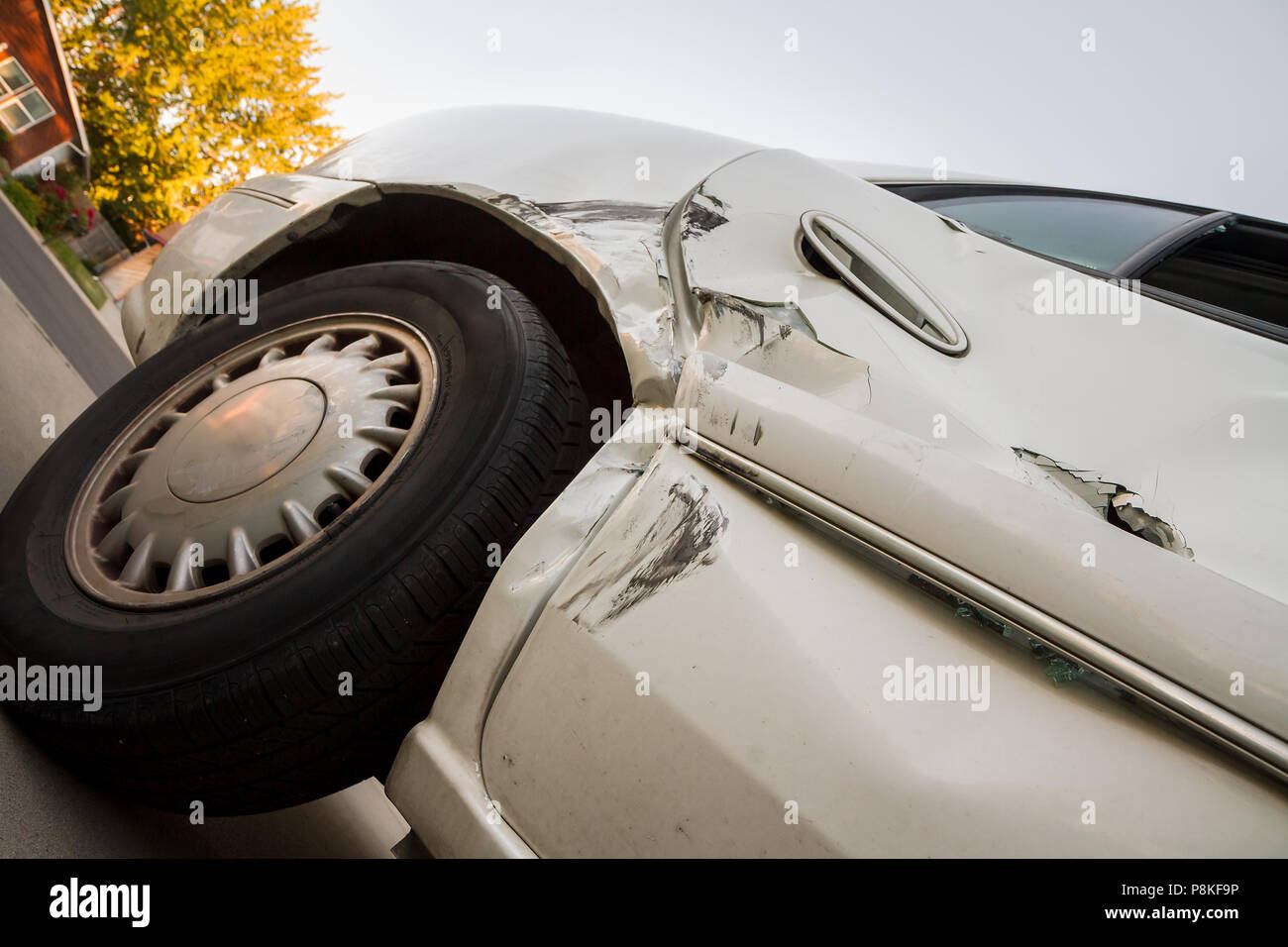 Image shows damage of the rear fender and door and plastic trim pieces