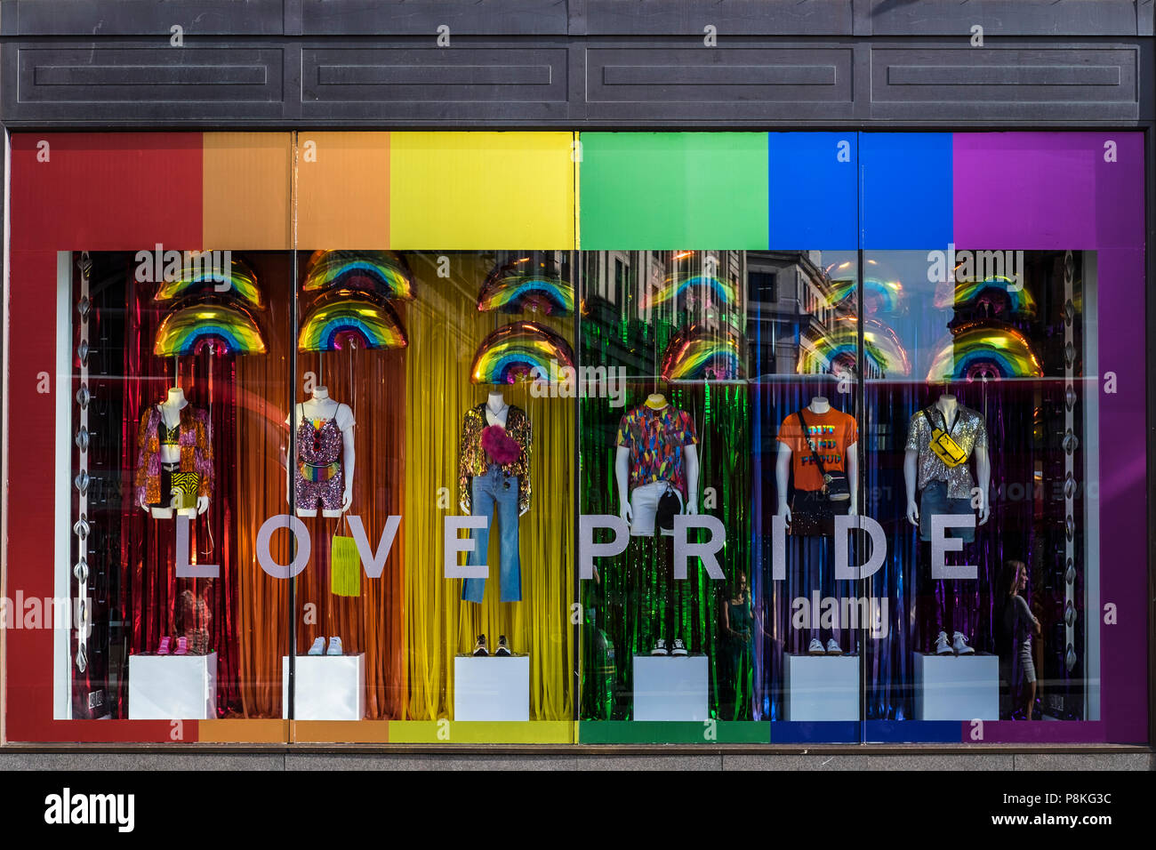 Love Pride window display at Top Shop, Oxford Street, London, England, U.K. Stock Photo