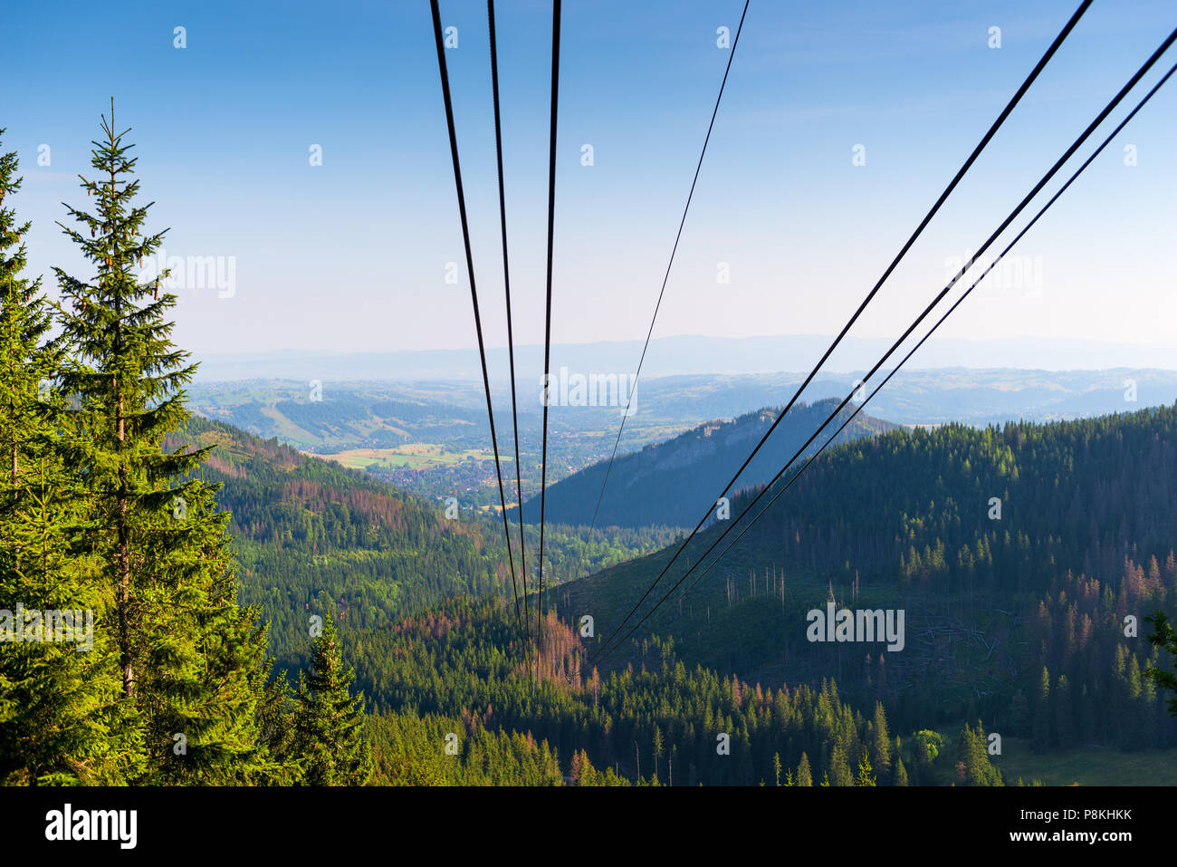 funicular cable on the background of the beautiful valley of Zakopane ...