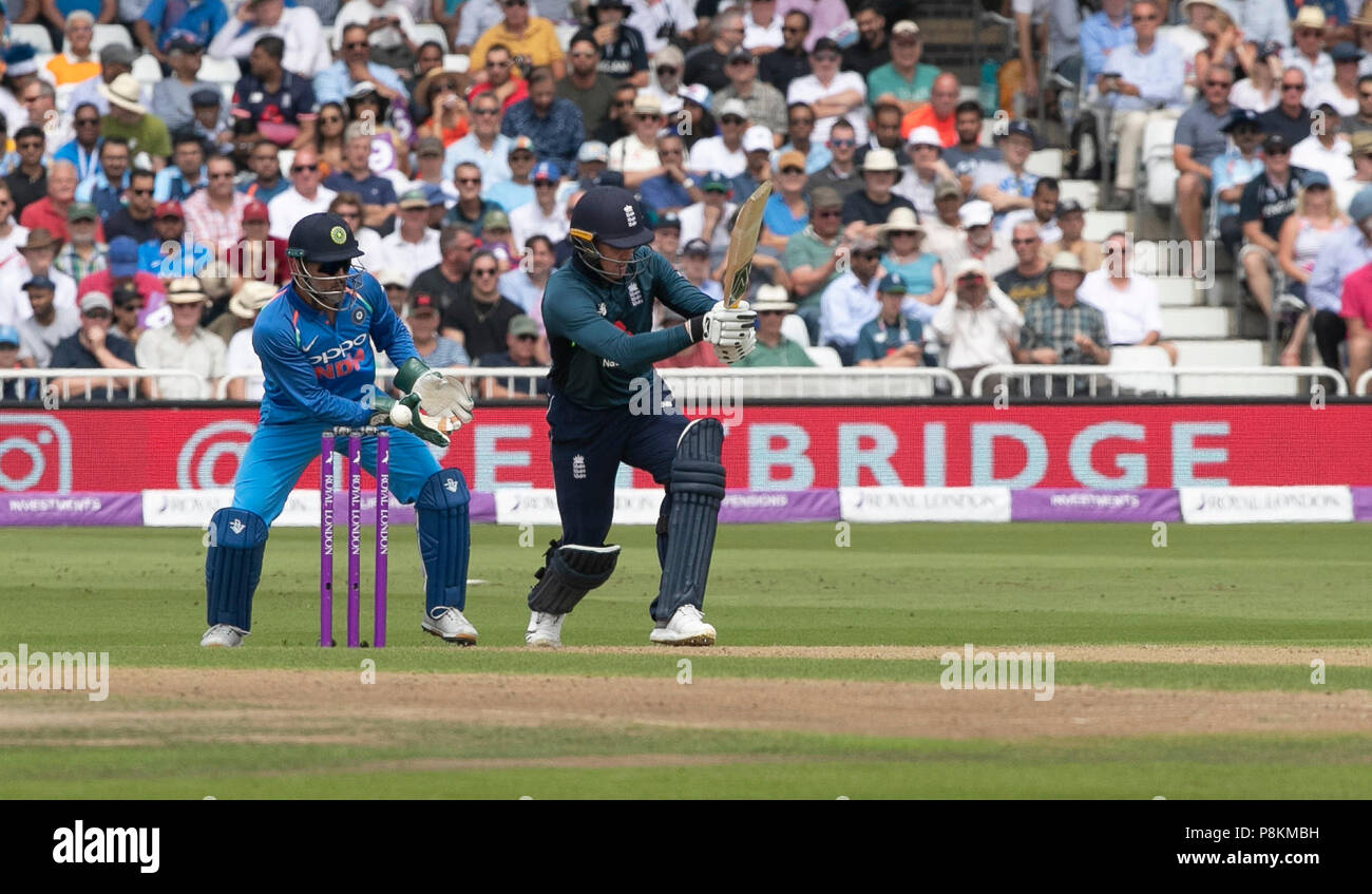 Nottingham, UK. 12th July 2018, Royal London, One Day International, England v India, Trent Bridge, close call for Jason Roy as the ball just misses his leg stump Credit: David Kissman/Alamy Live News Stock Photo