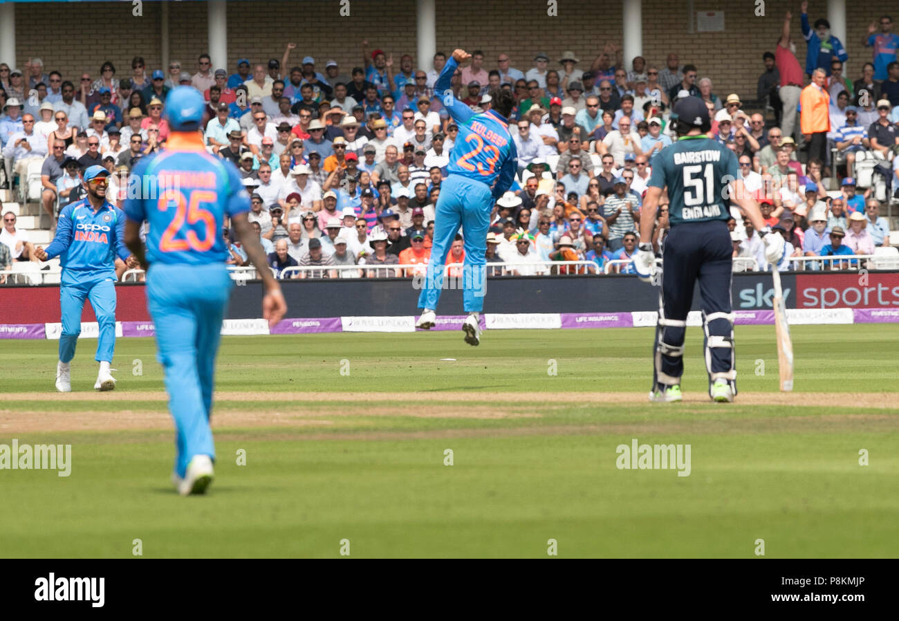 Nottingham, UK. 12th July 2018, Royal London, One Day International, England v India, Trent Bridge, Kuldeep Yadav leaps for joy as he traps Joe Root leg before for 3 runs Credit: David Kissman/Alamy Live News Stock Photo