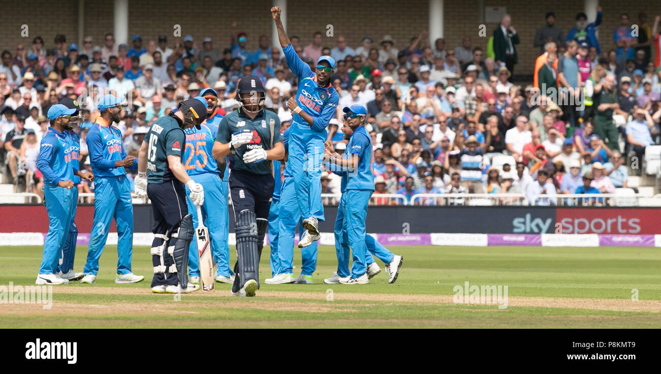 Nottingham, UK. 12th July 2018, Royal London, One Day International, England v India, Trent Bridge, Hardik Pandya leaps for joy as Jonny Bairstow is given out lbw after an umpires review Credit: David Kissman/Alamy Live News Stock Photo