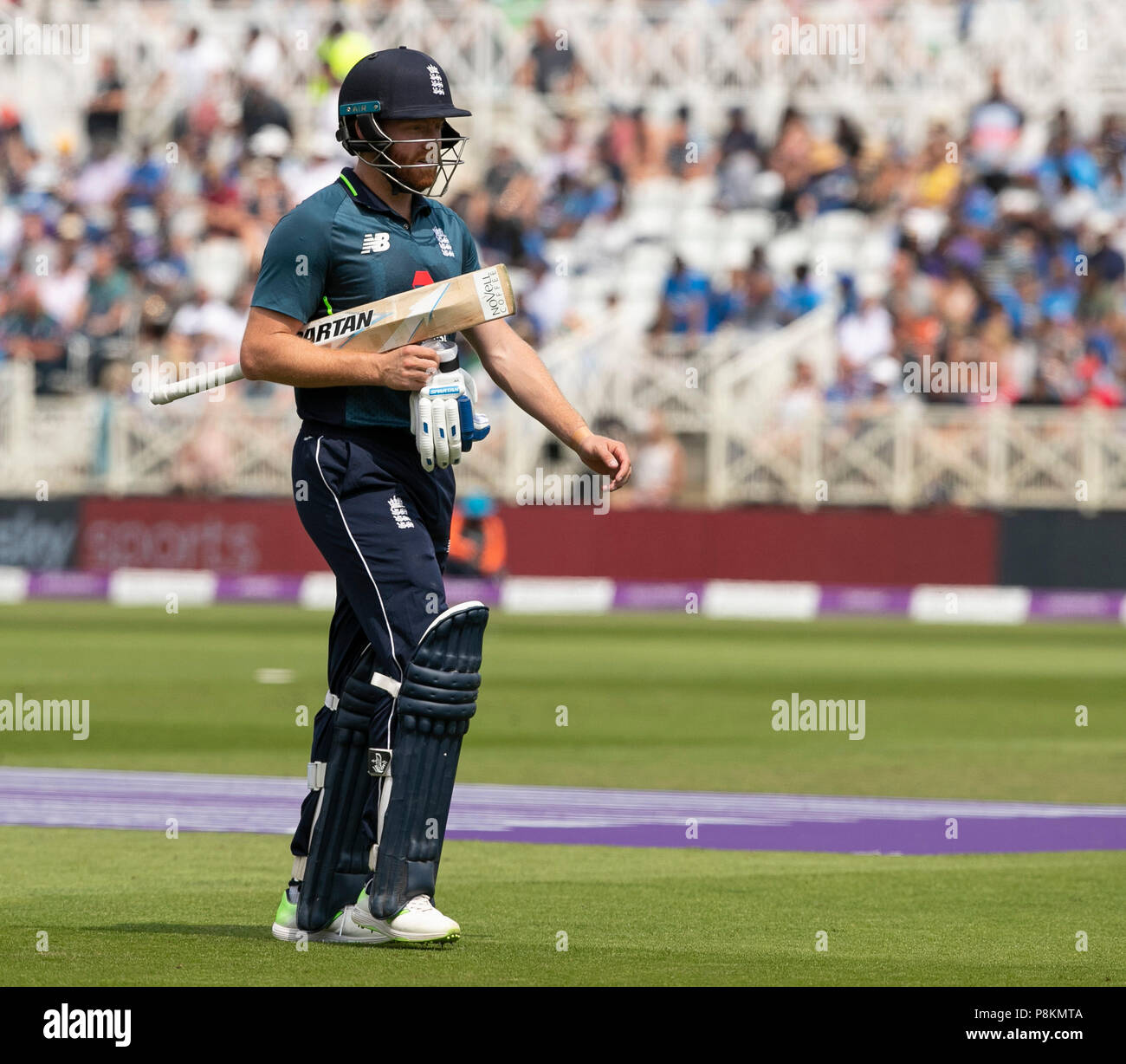 Nottingham, UK. 12th July 2018, Royal London, One Day International, England v India, Trent Bridge, Jonny Bairstow leaves the field after being given out on review Credit: David Kissman/Alamy Live News Stock Photo