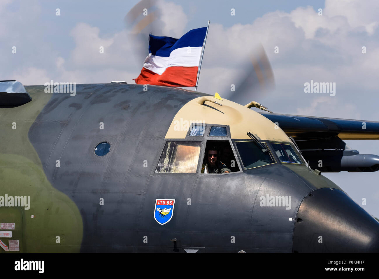 German Air Force Luftwaffe Transall C-160 plane at Royal International Air Tattoo, RIAT 2018, RAF Fairford. Flying the flag of Schleswig-Holstein Stock Photo