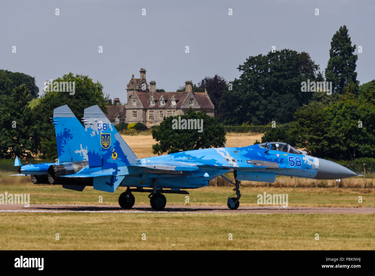 Ukrainian Air Force Sukhoi Su-27 Flanker fighter jet plane - Russian built -  at Royal International Air Tattoo, RIAT 2018, RAF Fairford. The Cotswolds Stock Photo