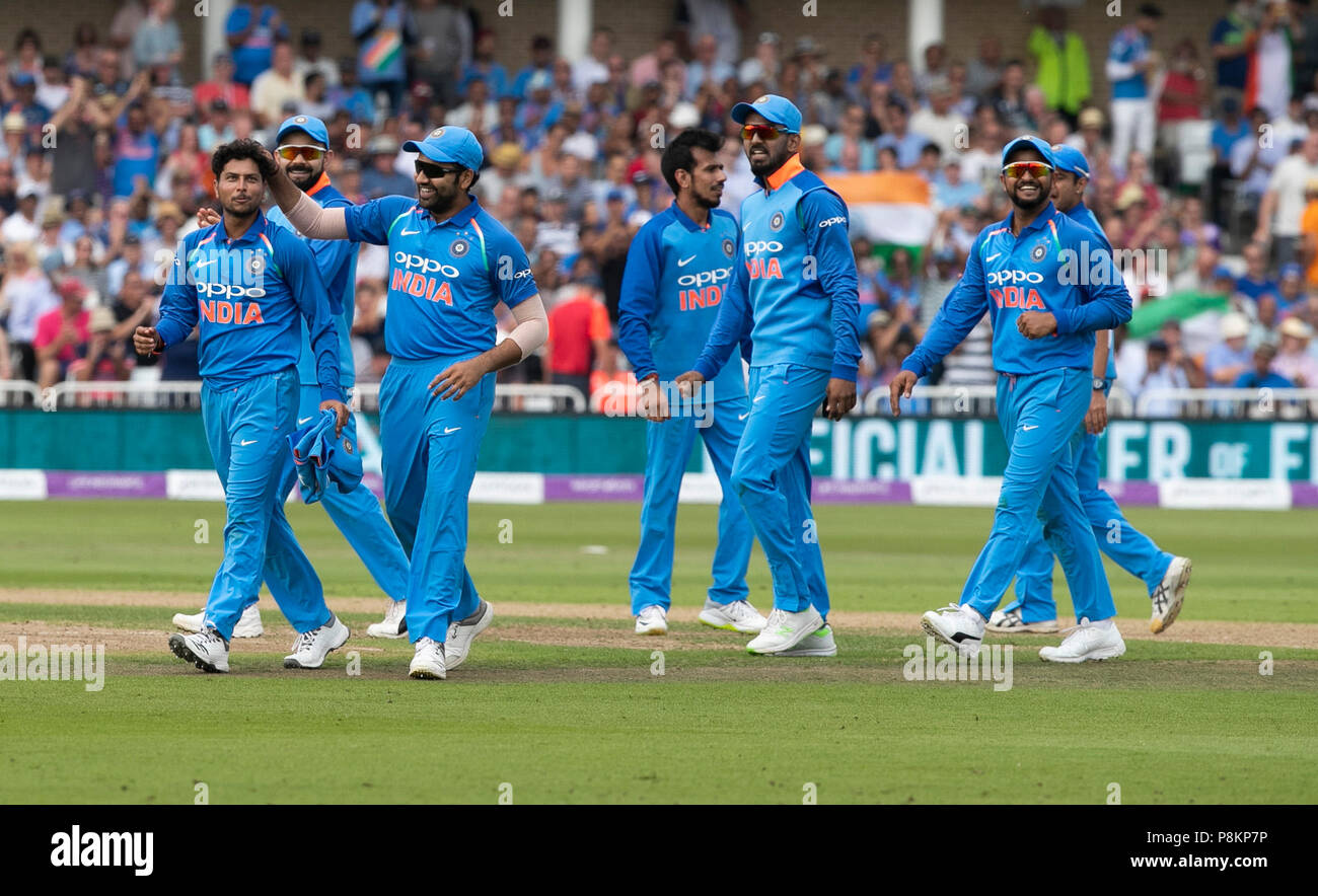 Nottingham, UK. 12th July 2018, Royal London, One Day International, England v India, Trent Bridge, Kuldeep Yadav is congratulated by his ream mates after taking 6 wickets in his 10 over spell Credit: David Kissman/Alamy Live News Stock Photo