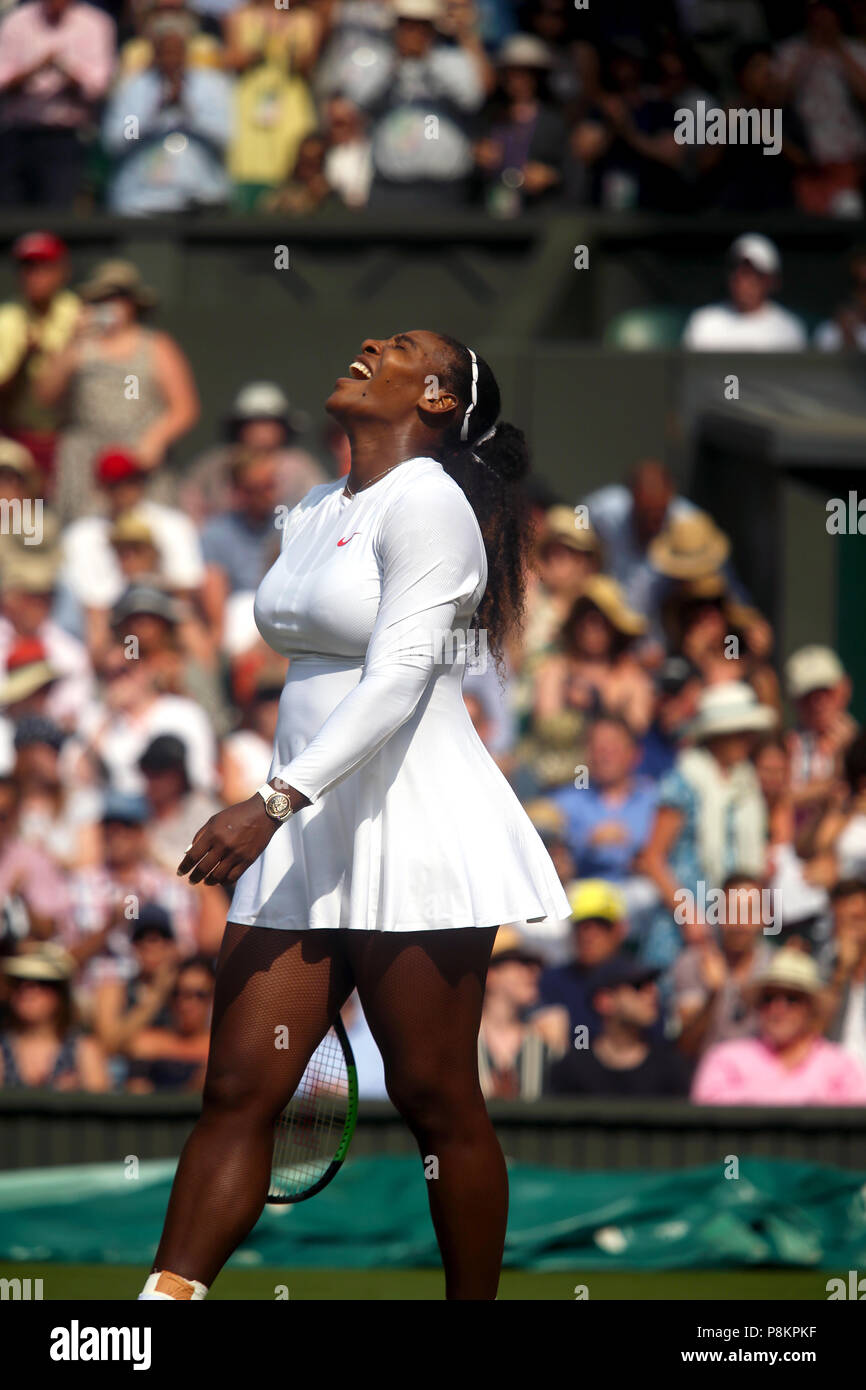 London, England - July 12, 2018.  Wimbledon Tennis:  Serena Williams enjoys the moment after her victory over Germany's Julia Georges during their semi-final match today at Wimbledon.  Williams won in straight sets to advance to Saturday's final. Credit: Adam Stoltman/Alamy Live News Stock Photo