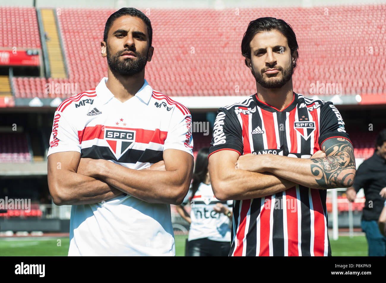 SÃO PAULO, SP - 12.07.2018: TREINO DO SPFC - Trellez and Hudson of the SPFC  during the presentation of the new Adidas uniform, held at the Morumbi  Stadium in the south of