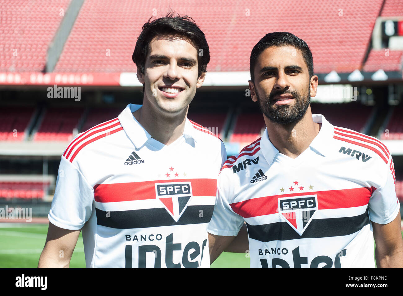 SÃO PAULO, SP - 12.07.2018: TREINO DO SPFC - Kaka and Trellez of the SPFC  during the presentation of the new Adidas uniform, held at the Morumbi  Stadium in the south of