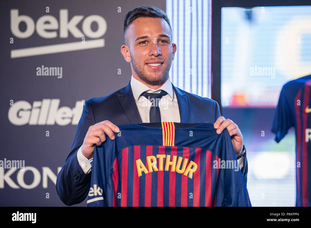 July 12, 2018 - Presentation of Arthur Melo from Brasil after being the  first new signing for FC Barcelona 2018/2019 La Liga team in Camp Nou  Stadiu, Barcelona on 11 of July