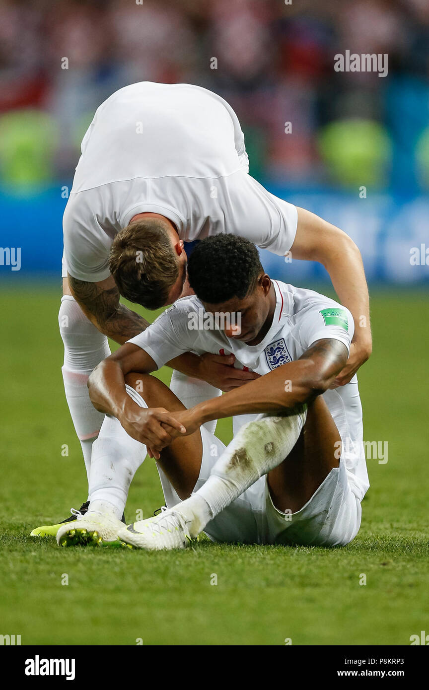 Phil Jones of England consoles Marcus Rashford of England after the 2018 FIFA World Cup Semi Final match between Croatia and England at Luzhniki Stadium on July 11th 2018 in Moscow, Russia. (Photo by Daniel Chesterton/phcimages.com) Stock Photo
