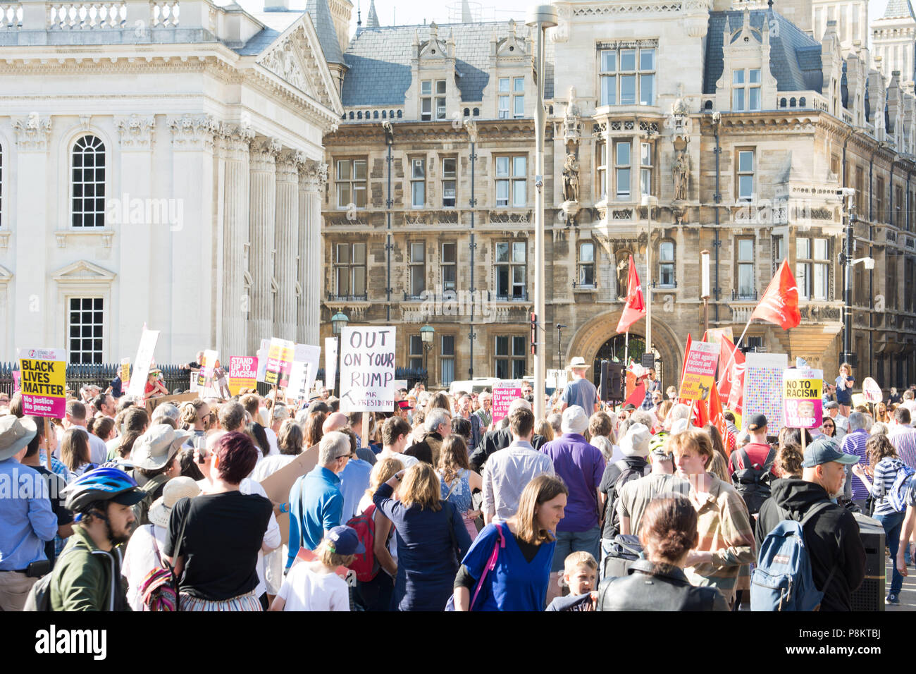 Cambridge uk, 2018-07-12,People have gathered in the centre of Cambridge after Donald Trump makes an official visit to the UK as US president.Stand Up To Racism campaigners have organised the protest in King's Parade Cambridge this evening. Credit: kevin Hodgson/Alamy Live News Stock Photo