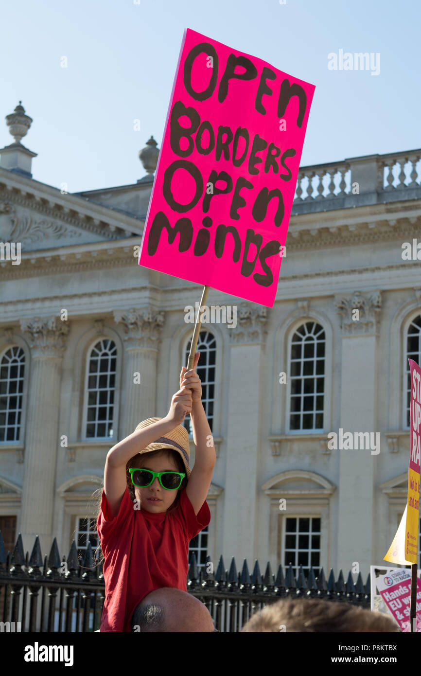 Cambridge uk, 2018-07-12,People have gathered in the centre of Cambridge after Donald Trump makes an official visit to the UK as US president.Stand Up To Racism campaigners have organised the protest in King's Parade Cambridge this evening. Credit: kevin Hodgson/Alamy Live News Stock Photo