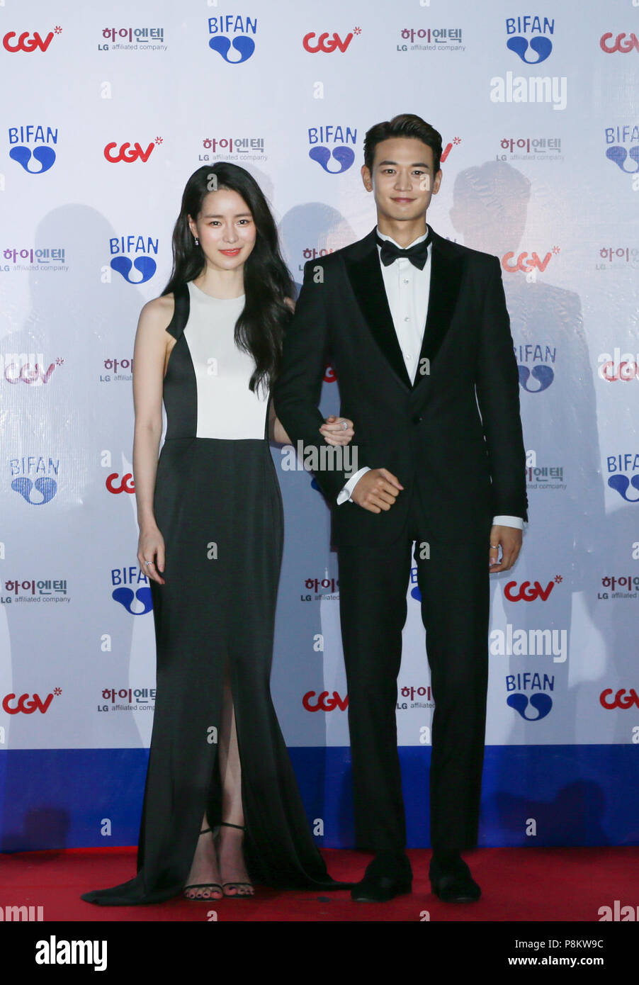 Bucheon, South Korea. 12th July, 2018. South Korean singer Choi Min-ho (R) and actress Lim Ji-yeon appear at the 22nd Bucheon International Fantastic Film Festival red carpet in Bucheon, South Korea, July 12, 2018. The 10-day 22nd Bucheon International Fantastic Film Festival, with its theme as 'Love, Fantasy and Adventure', kicked off here Thursday. Credit: Wang Jingqiang/Xinhua/Alamy Live News Stock Photo