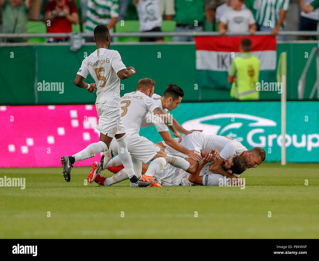 BUDAPEST, HUNGARY - MAY 12: (r-l) Leandro De Almeida 'Leo' of Ferencvarosi  TC celebrates the goal with Roland Varga of Ferencvarosi TC during the  Hungarian OTP Bank Liga match between Ferencvarosi TC