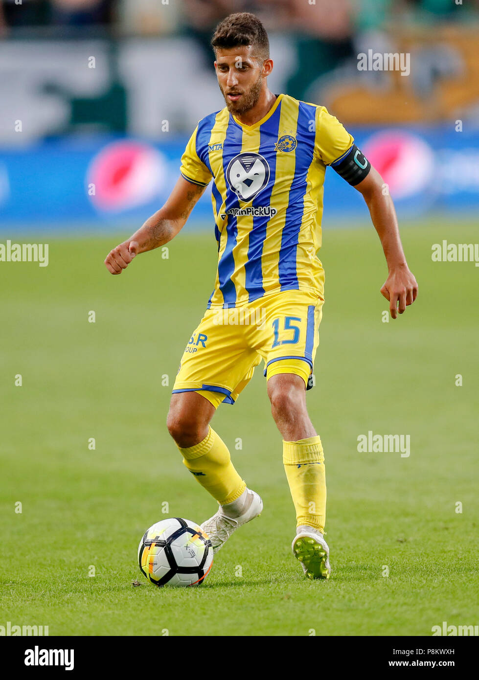 Budapest, Hungary. 12th July, 2018. Dor Micha of Maccabi Tel Aviv FC controls the ball during the UEFA Europa League First Qualifying Round 1st Leg match between Ferencvarosi TC and Maccabi Tel Aviv FC at Groupama Arena on July 12, 2018 in Budapest, Hungary. Credit: Laszlo Szirtesi/Alamy Live News Stock Photo