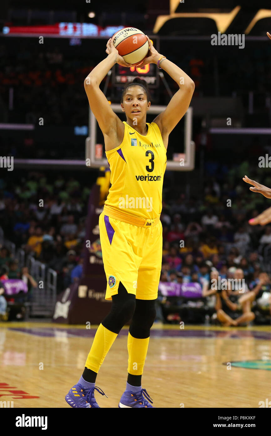 LOS ANGELES, CA - JULY 12: Los Angeles Sparks forward Candace Parker (3) looks to pass the ball during a WNBA game between the Dallas Wings and the Los Angeles Sparks on July 12, 2018 at Staples Center in Los Angeles, CA. (Photo by Jordon Kelly Cal Sport Media) Stock Photo