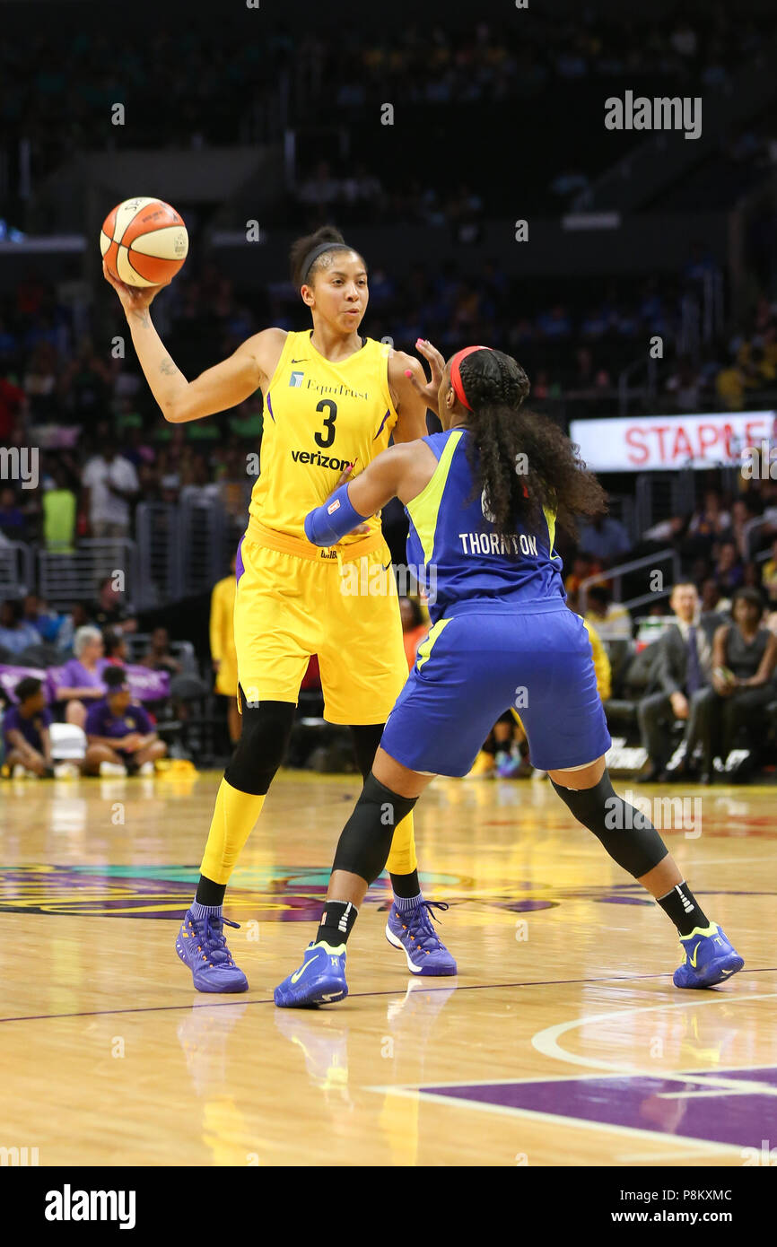 LOS ANGELES, CA - JULY 12: Los Angeles Sparks and Dallas Wings tip off  during a WNBA game between the Dallas Wings and the Los Angeles Sparks on  July 12, 2018 at