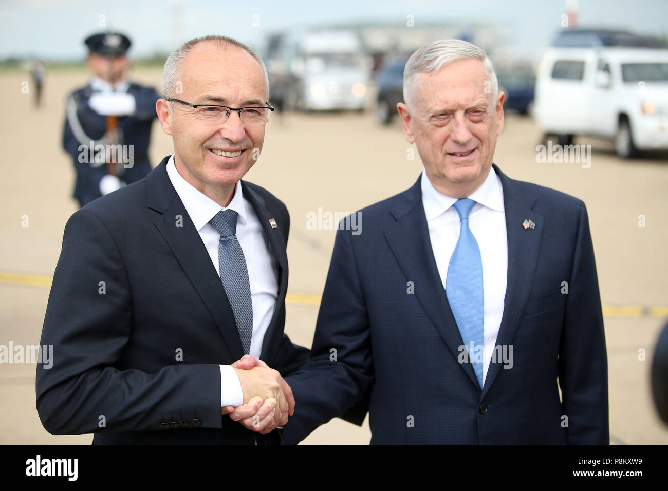Zagreb, Croatia. 12th July, 2018. Croatian Defense Minister Damir Krsticevic (L) shakes hands with visiting U.S. Secretary of Defense James Mattis in Zagreb, Croatia, on July 12, 2018. James Mattis on Thursday promised to assist in modernizing Croatian armed forces. Credit: Petar Glebov/Xinhua/Alamy Live News Stock Photo