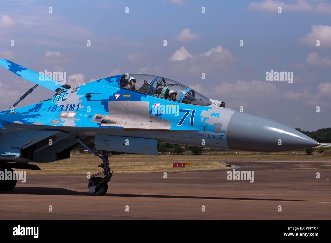 Sukhoi SU-27 flys into Fairford Air Tatoo in 2018 Stock Photo