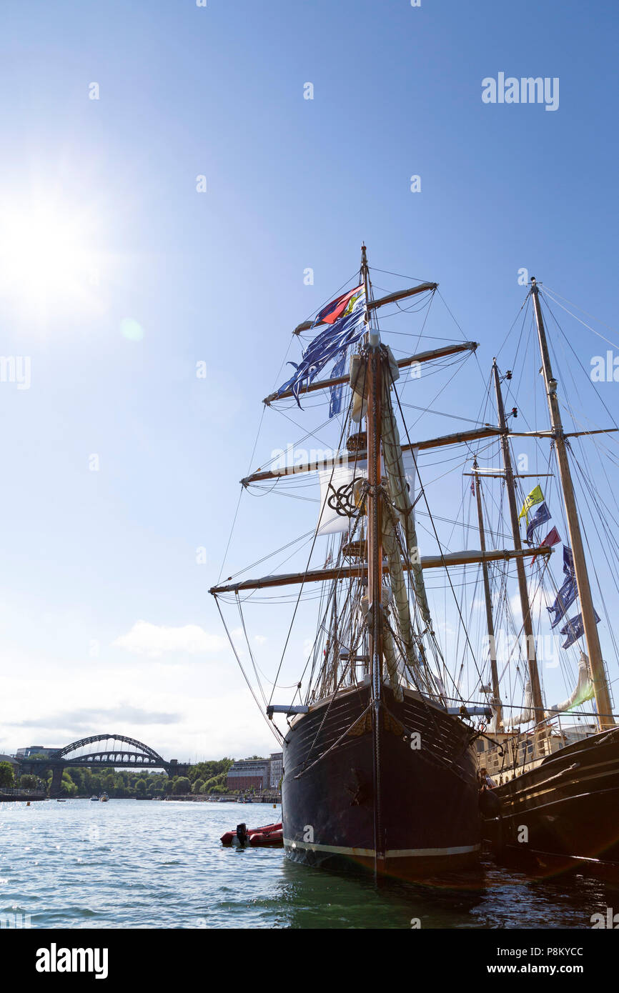 Sunderland, UK. 12th July, 2018. Sailing ships beneath the Wearmouth