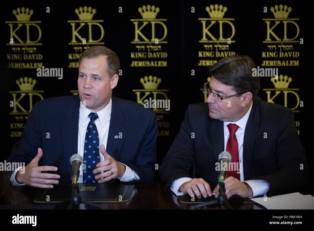 Jerusalem, Technology and Space Ofir Akunis (R) and Administrator of the U.S. National Aeronautics and Space Administration (NASA) Jim Bridenstine attend a press conference in Jerusalem. 12th July, 2018. Israeli Minister of Science, Technology and Space Ofir Akunis (R) and Administrator of the U.S. National Aeronautics and Space Administration (NASA) Jim Bridenstine attend a press conference in Jerusalem, on July 12, 2018. According to an official joint statement issued on Thursday, NASA and the Israel Space Agency (ISA) will expand their cooperation. Credit: JINI/Xinhua/Alamy Live News Stock Photo