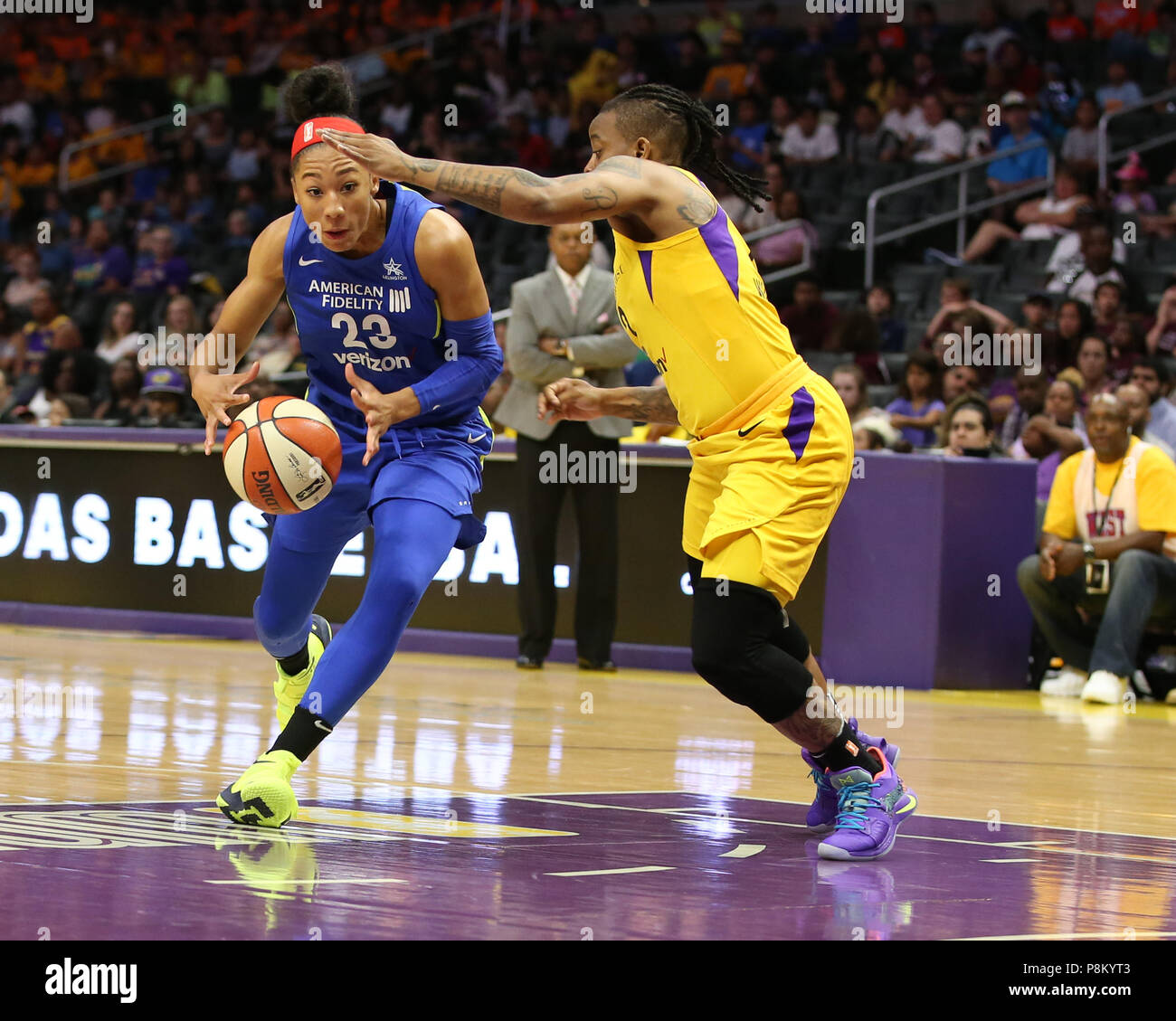 Dallas Wings forward Aerial Powers #23 during the Dallas Wings vs Los Angeles Sparks game at Staples Center in Los Angeles, Ca on July 12, 2018. (Photo by Jevone Moore) Stock Photo