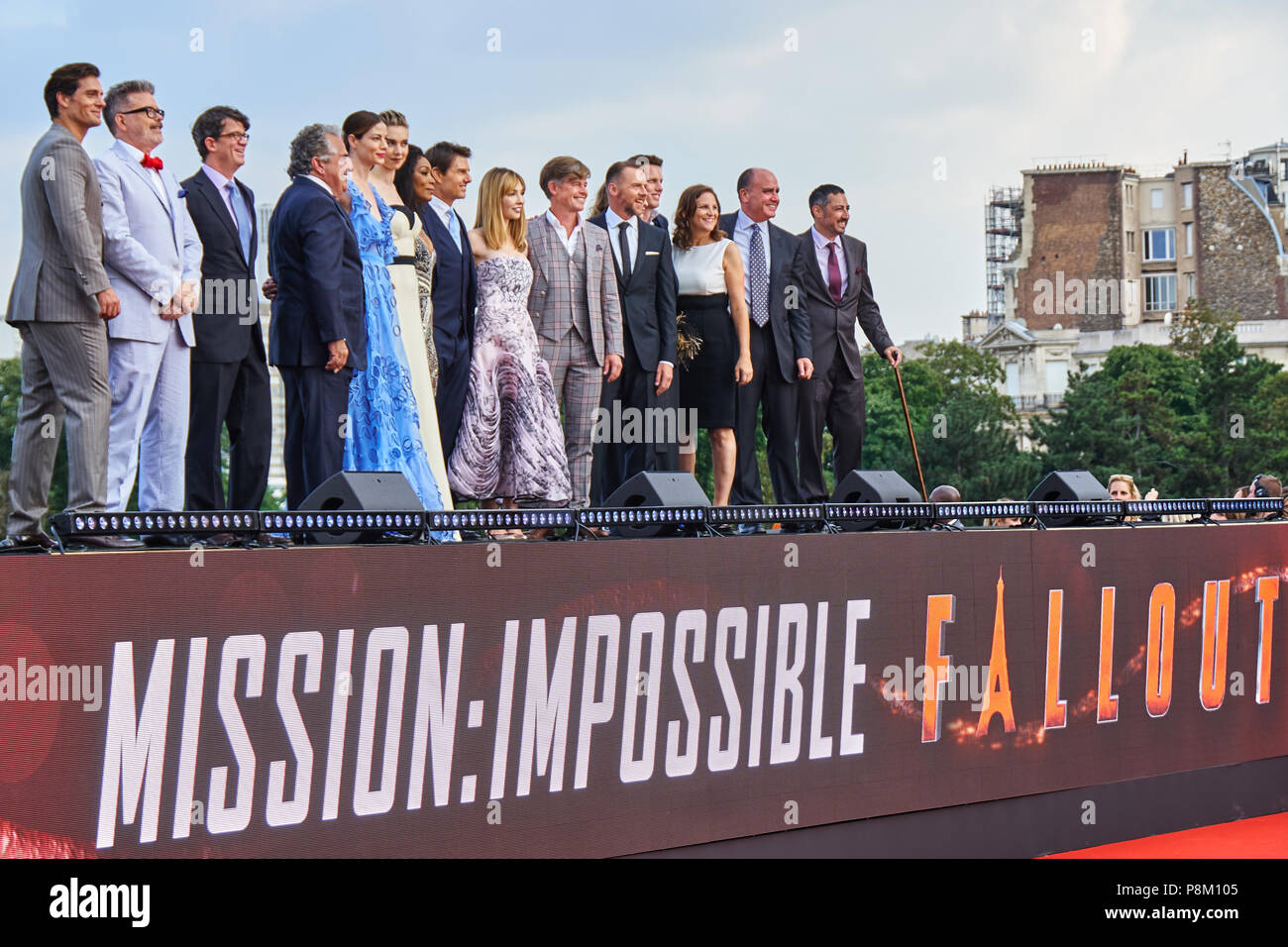 Paris, France. 12 July 2018. Director and Cast including Tom Cruise, Christopher McQuarrie, Rebecca Ferguson, Simon Pegg, Henry Cavill, Angela Bassett, Michelle Monaghan, Vanessa Kirby at the Mission: Impossible - Fallout World Premier red carpet. Credit: Calvin Tan/Alamy Live News Stock Photo